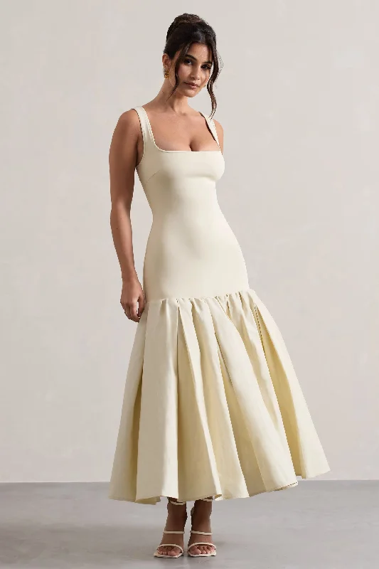 Maxi Dress With Off Shoulder Style -Parida | Cream Poplin Drop-Waist Maxi Dress With Peplum Hem