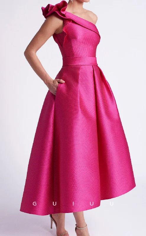 Cocktail dress for party -GM196 - A-Line One Shoulder Sleeveless Ruffles Tea Length Cocktail Dress Wedding Guest Dress