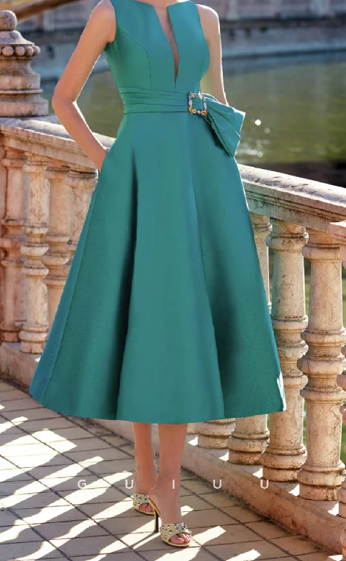 Cocktail dress with sleeves -GM297 -  A-Line Scoop Neck Sleeveless Pleated Tea Length Cocktail Dress