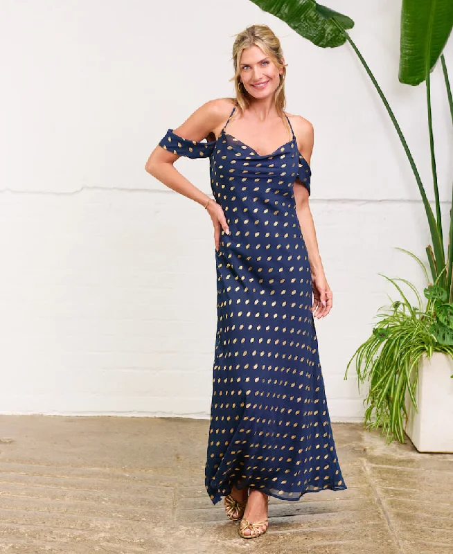 Maxi Dress For Summer Wedding -Navy Foil Cold Shoulder Maxi Dress