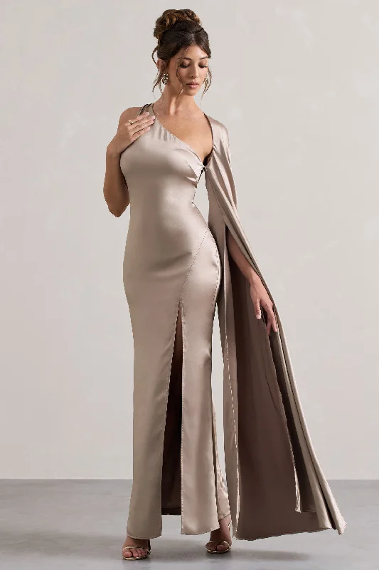 Maxi Dress For Graduation -Gala | Taupe Satin One-Shoulder Cape Sleeve Split Maxi Dress