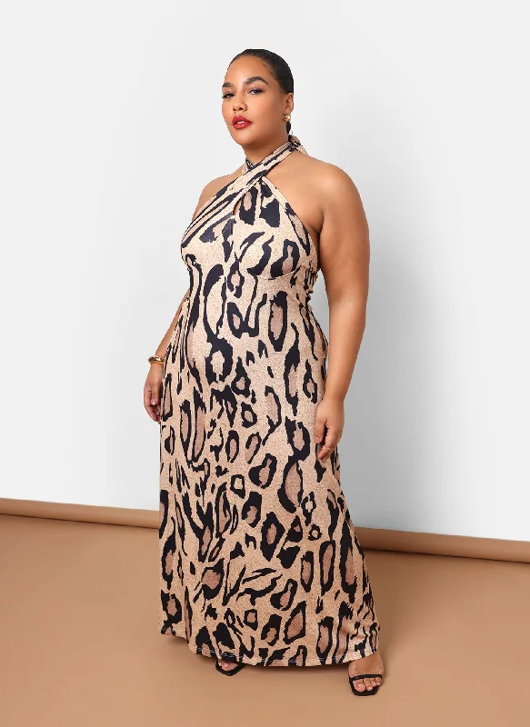 Elegant Maxi Dress -Kenya Leopard Halter Maxi Slip Dress