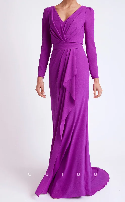 Cocktail dress with sleeves -GM194 - Sheath V Neck Long Sleeves Pleated Cocktail Dress Wedding Guest Dress with Ruffles