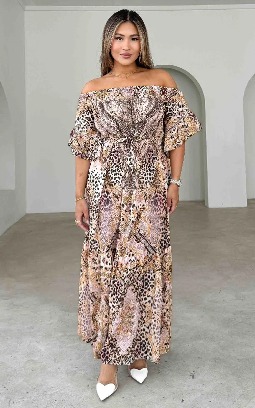 Sleeveless Maxi Dress -Gamela Gem Embellished Maxi Dress - Beige Leopard Multi Print