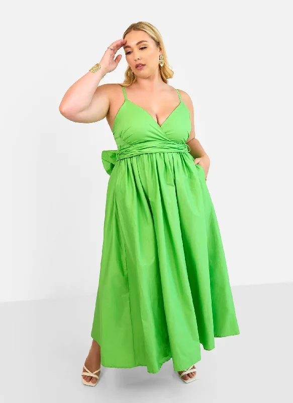 Maxi Dress With Draped Waist -Kismet Poplin Belted Maxi Skater Dress - Lime