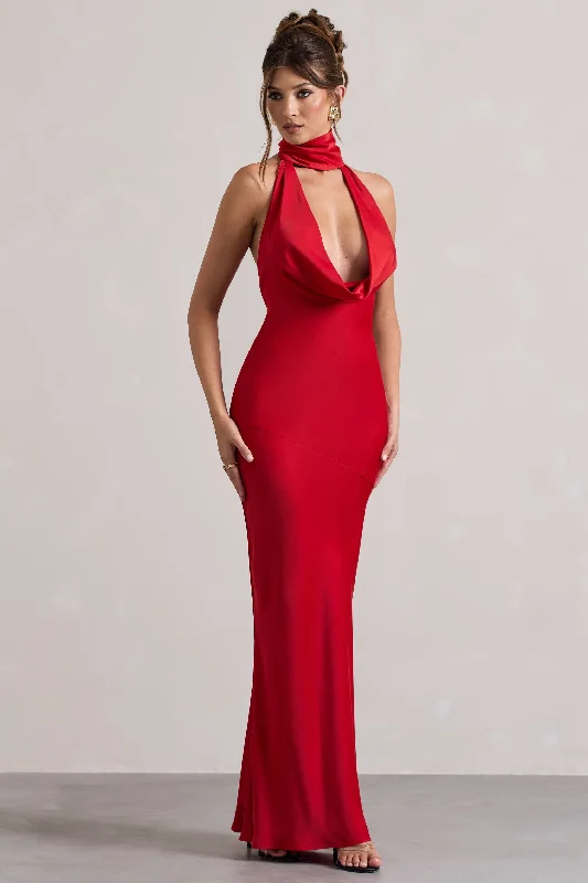 Maxi Dress With Slit -Matea | Red Satin Cowl-Neck Maxi Dress