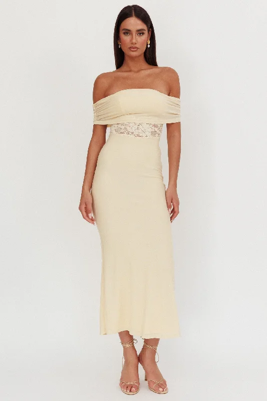 Maxi Dress With Halter Neck -Flutters Off-Shoulder Lace Insert Maxi Dress Cream