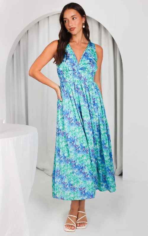 Maxi Dress With Mermaid Cut -Monique Sleeveless Maxi Dress - Green Blue Floral