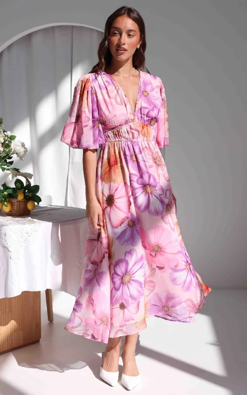 Maxi Dress With Tied Waist -Diana Short Sleeve Maxi Dress - Pink Lilac Floral