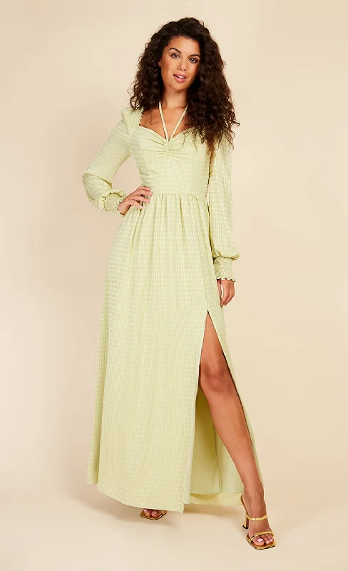 Maxi Dress For Spring -Chartreuse Check Tie Neck Maxi Dress