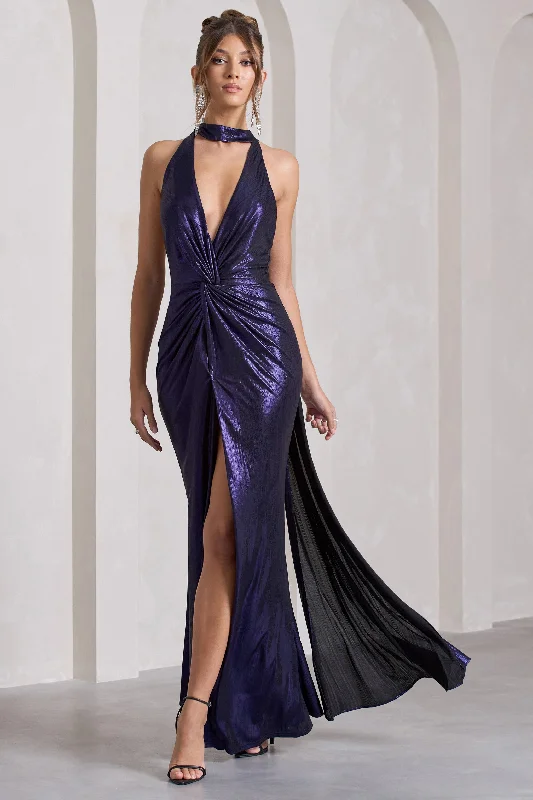 Maxi Dress With Waistband -Lost | Purple Metallic Halter-Neck Cut-Out Split Maxi Dress With Drape