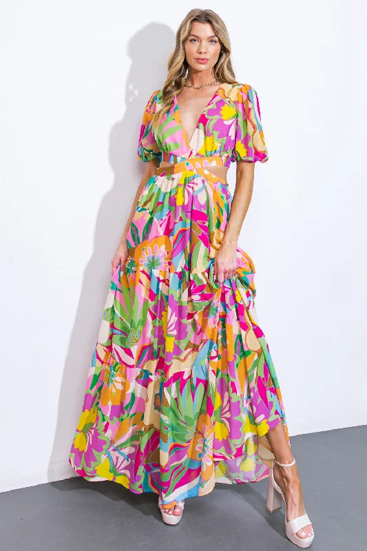 High Waist Maxi Dress -Floral Dreams Woven Maxi Dress