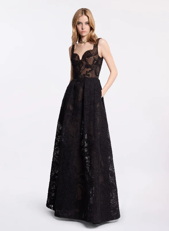 Maxi Dress For Office -Embroidered Tulle Long Dress