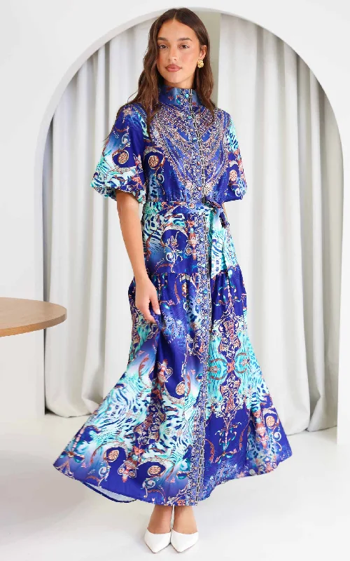 Maxi Dress For Holiday Party -Sahara Night Sky Short Sleeve Maxi Dress - Blue Multi Print