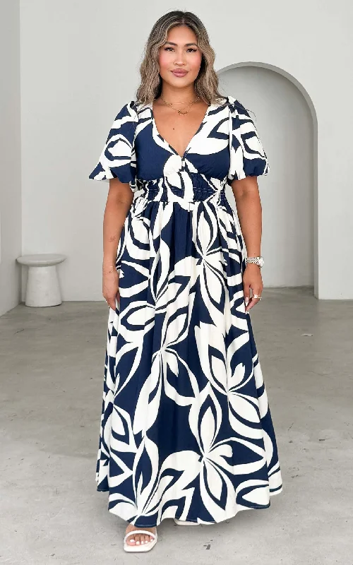 Maxi Dress With Open Back Design -Monique Maxi Dress - Navy Cream Print