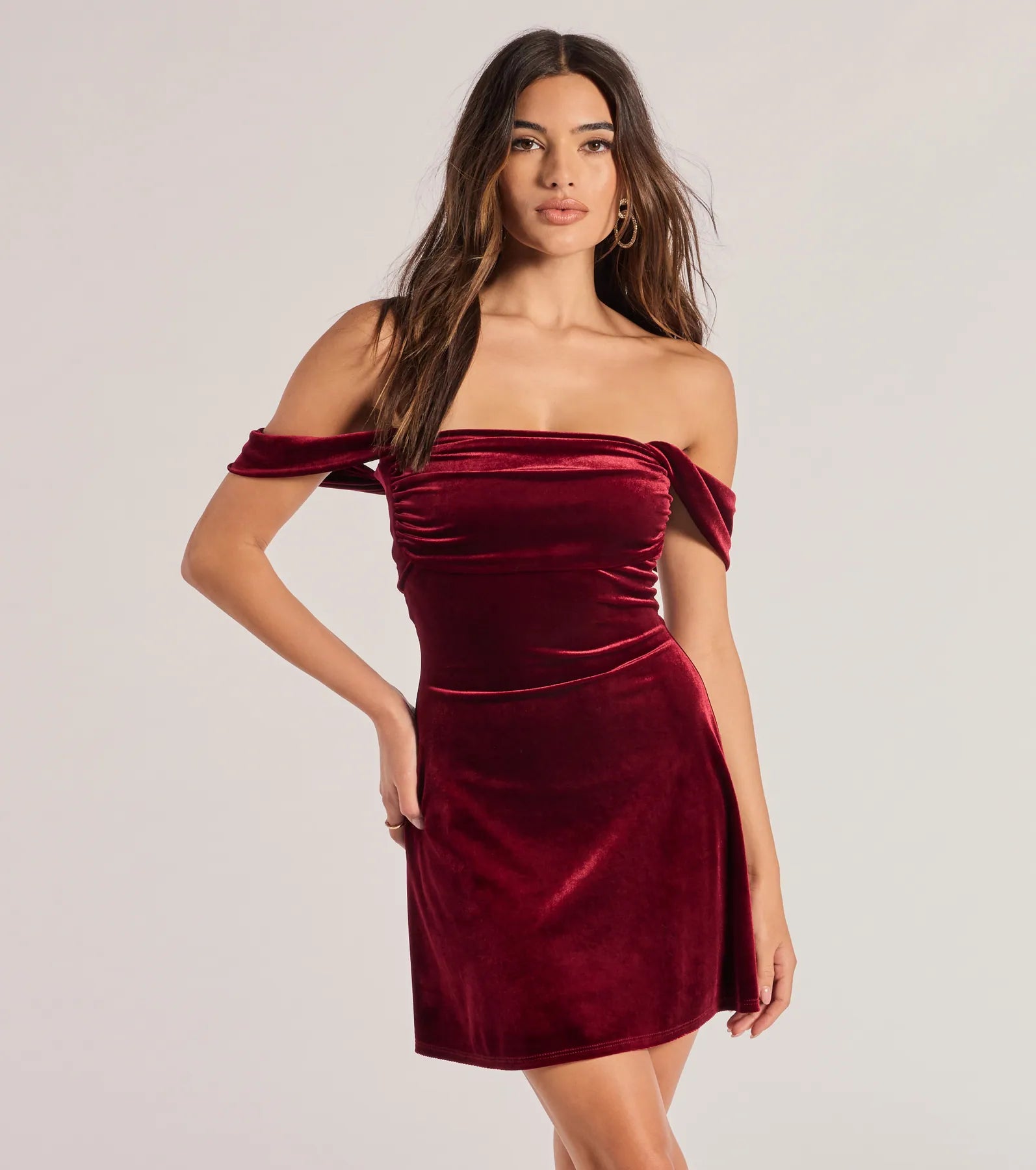 Maternity belly-support pregnancy mini dress-Flirty And Chic Velvet Off-The-Shoulder Mini Dress