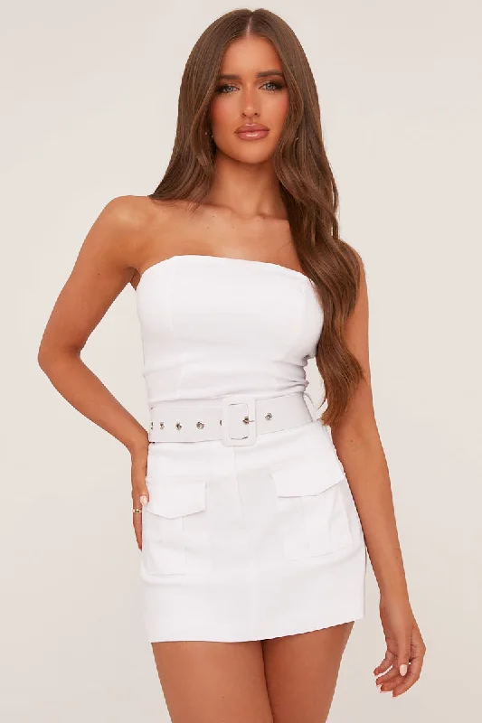 Off-shoulder bodycon party mini dress-White Bandeau Self Belt Mini Playsuit - Juni