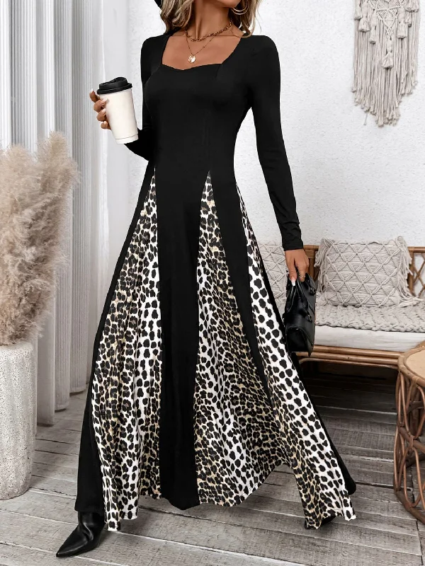 Maxi Dress For Cocktail Party -Leopard Square Neck Long Sleeve Maxi Dress