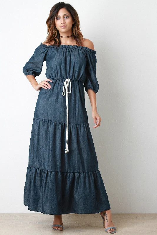 Maxi Dress With Beading -Chambray Puff Sleeves Off-The-Shoulder Tier Maxi Dress