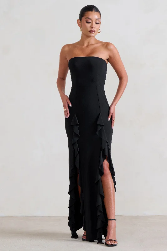 Maxi Dress With Back Tie -Susan | Black Bandeau Maxi Dress With Ruffled Splits