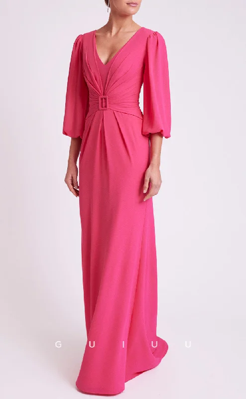 Cocktail dress for summer wedding -GM263 - Sheath V Neck 34 Length Sleeves Pleated Long Cocktail Dress with Train