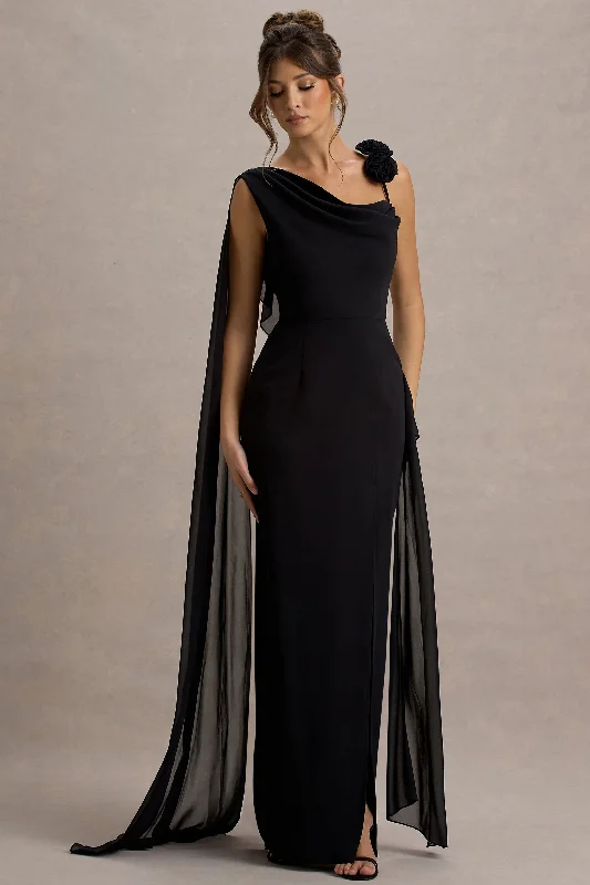 Maxi Dress With Feather Detail -Angeline | Black Chiffon Draped Split Maxi Dress With Corsages