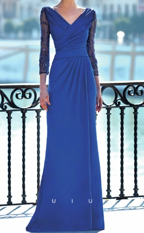 Cocktail dress for casual cocktail parties -GM254 - Elegant & Timeless Sheath V Neck 34 Length Sleeves Pleated Long Cocktail Dress