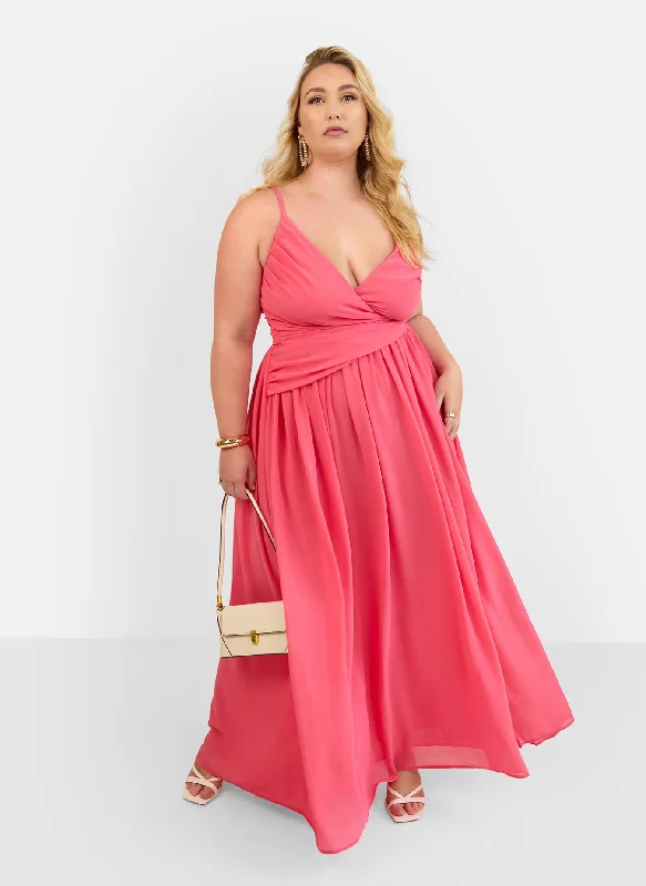 Maxi Dress With Straps -Vittoria Chiffon Drape Maxi A Line Dress - Coral Pink