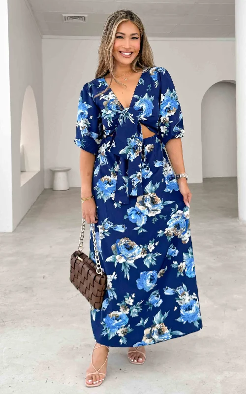 Black Maxi Dress -Roza Long Sleeve Maxi Dress - Navy Blue Floral