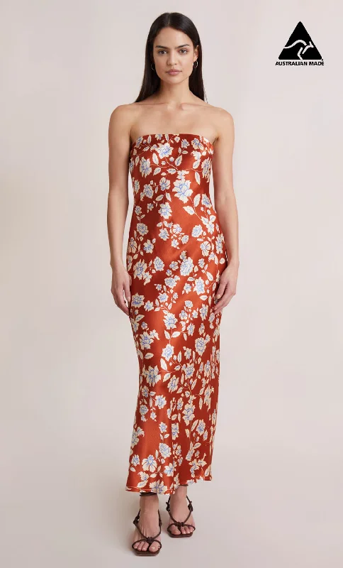 Elegant Maxi Dress -BLOSSOM STRAPLESS MAXI DRESS - RUST PRINT