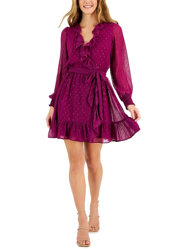 Lace embroidered bridesmaid mini dress-Petites Womens Ruffled Mini Fit & Flare Dress