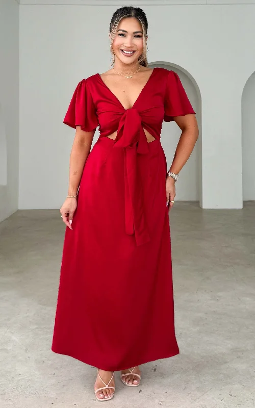 Maxi Dress With Silk Finish -Roza Short Sleeve Maxi Dress - Red