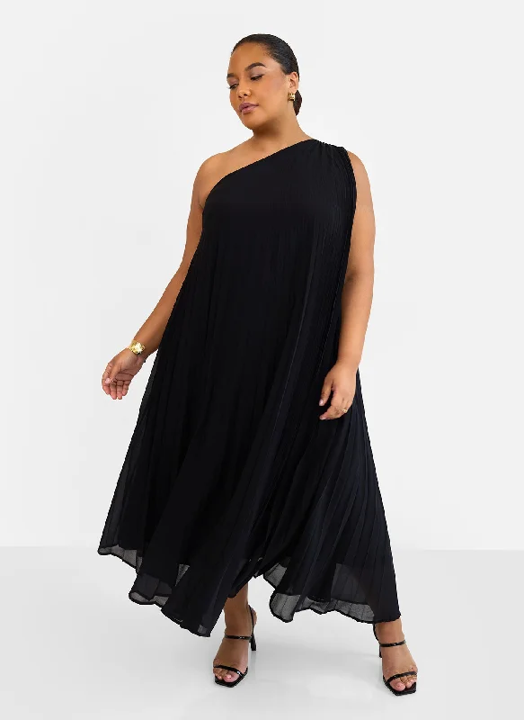 Maxi Dress For Fall -Desiree Chiffon Pleated One Shoulder Maxi Shift Dress