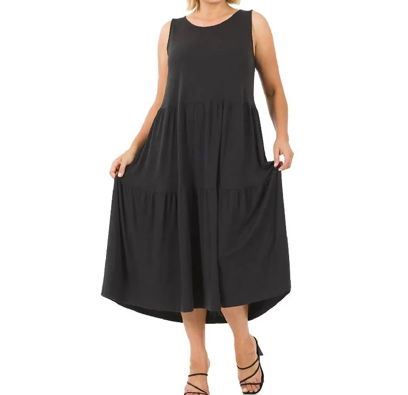 Midi Dress With Metallic Accents -Monica Tiered Midi Dress In Black