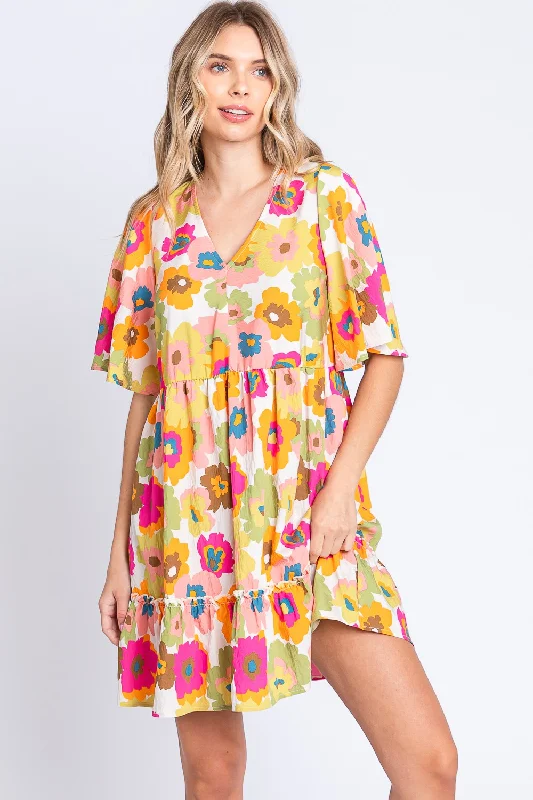 Korean oversized short mini dress-GeeGee Floral V-Neck Ruffle Hem Mini Dress