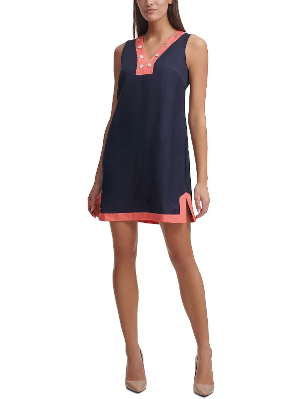 Affordable denim short mini dress-Petites Womens Colorblock Mini Shift Dress