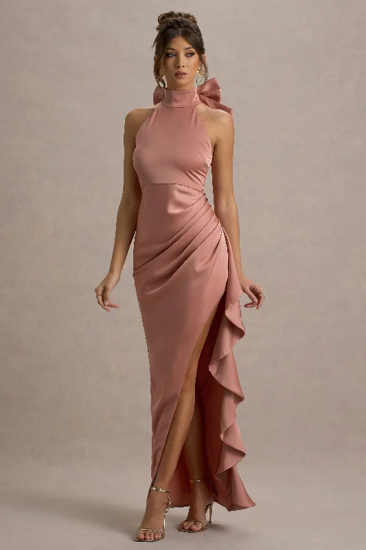 Formal Maxi Dress -Maureen | Pink Satin High-Neck Draped Maxi Dress