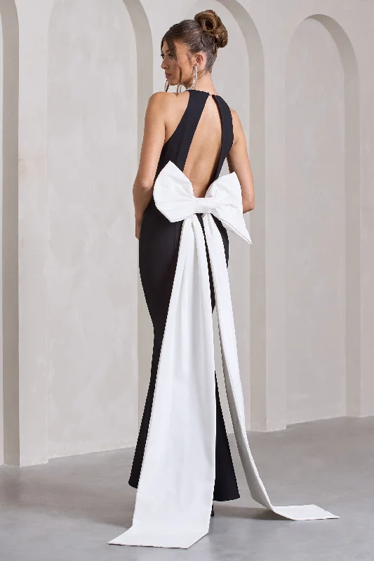 Maxi Dress With Side Pockets -Bestow | Black Open-Back Maxi Dress With Oversized White Bow