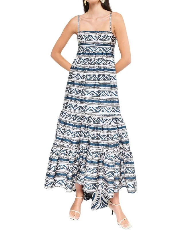 Midi Dress For Winter -Balsa Midi Dress In Blue Tribal Border