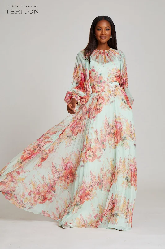 Maxi Dress For Winter -Printed Floral Pleated Maxi Gown