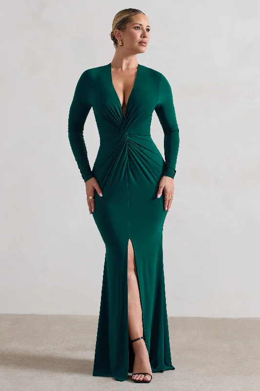 Elegant Maxi Dress -Tianna | Bottle Green Plunge-Neck Twisted Split Maxi Dress