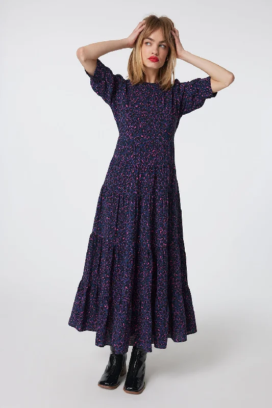 Maxi Dress For Casual Wear -Navy with Black and Pink Small Shadow Leopard Maxi Dress