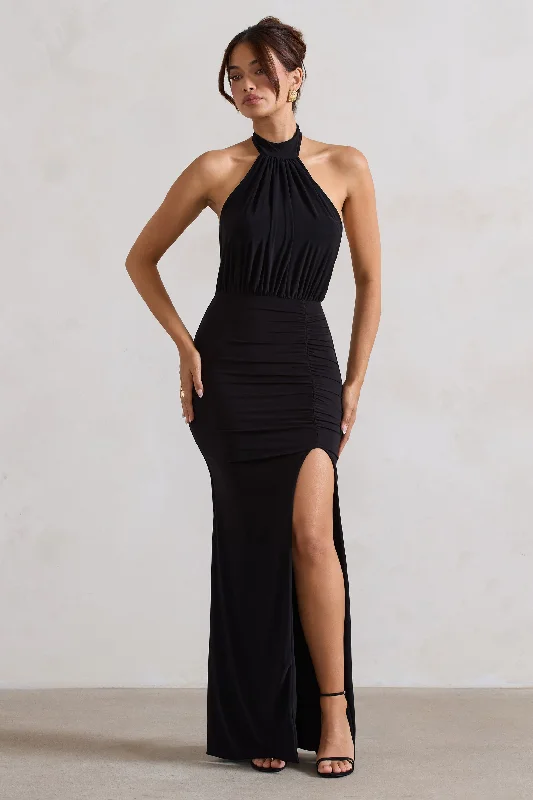 Maxi Dress With Pockets -Forever Dreaming | Black Backless Halter Neck Ruched Split Maxi Dress