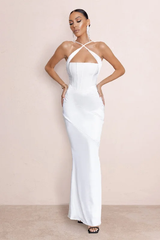 Maxi Dress For Women -Dulcet | White Cross Over Neck Corset Maxi Dress