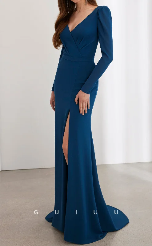 Cocktail dress for prom -GM202 - Sheath V Neck Long Sleeves Pleated Cocktail Dress Wedding Guest Dress with Slit and Train