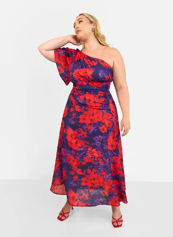 Maxi Dress With Side Slit -Aurora Floral One Shoulder Maxi A Line Dress