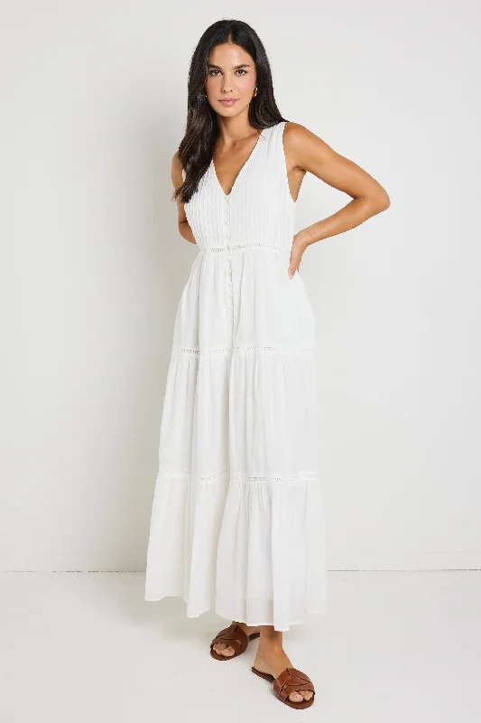 Elegant Maxi Dress -Villa White Cotton Voile Sleeveless Button Front Tiered Maxi Dress