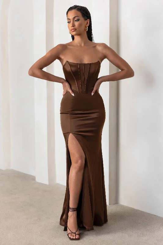 Maxi Dress With A-Line Shape -Sensual Notes | Chocolate Brown Satin Strapless Corset Thigh Split Maxi Dress