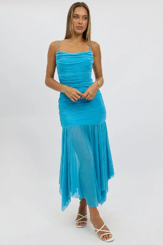 Maxi Dress With Side Pockets -Blue Bodycon Dress Singlet Maxi