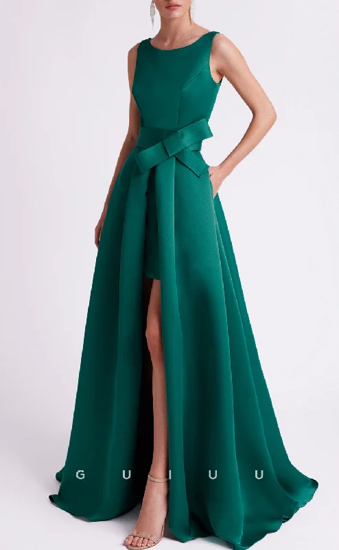 Elegant cocktail dress -GM289 - A-Line Round Neck Straps Sleeves Satin Long Cocktail Dress with Train and Slit